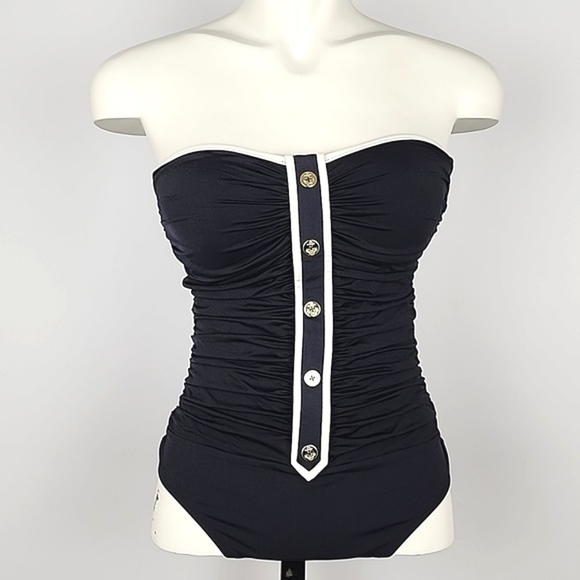 Women's Black One Piece Swimsuit Gold Button Feature Front Rusched Size S/M - Picture 2 of 15